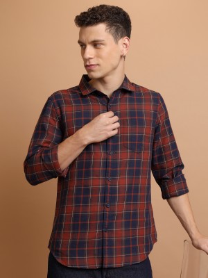 HIGHLANDER Men Checkered Casual Orange, Yellow, Dark Blue Shirt