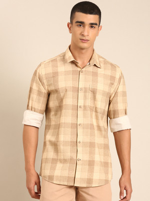 CAVALLO BY LINEN CLUB Men Checkered Casual Beige Shirt