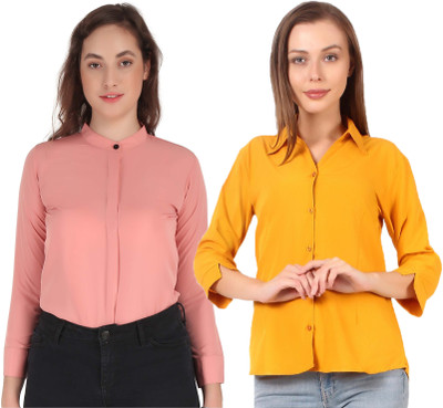 Hunoor Women Solid Casual Pink, Yellow Shirt(Pack of 2)