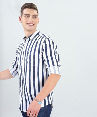 The Indian Garage Co. Men Striped Casual Dark Blue Shirt