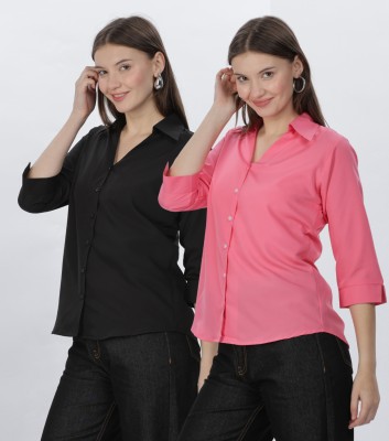 FUBACK Women Solid Casual Black, Pink Shirt(Pack of 2)