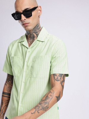 Glitchez Men Striped Casual Green Shirt