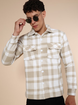 V-MART Men Checkered Casual White Shirt