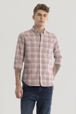 Snitch Men Checkered Casual Pink Shirt