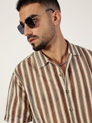 THOMAS SCOTT Men Striped Casual Brown Shirt