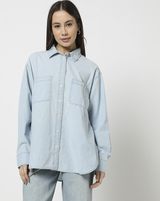 GAP Women Washed Casual Light Blue Shirt
