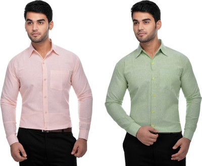 DESHBANDHU KHADI Men Solid Formal Green, Pink Shirt(Pack of 2)