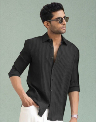 SHFASHION Men Self Design Casual Black Shirt