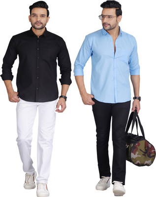 Wristy Men Solid Casual Black, Blue Shirt(Pack of 2)