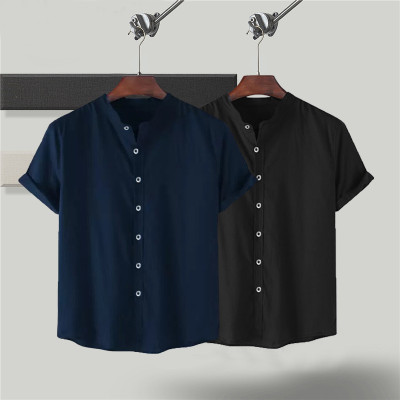 Try This Men Color Block Casual Dark Blue, Black Shirt(Pack of 2)
