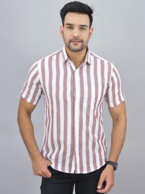 QuaClo Men Striped Casual Pink, White Shirt