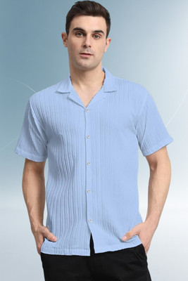 A DEEMOON TREND Men Striped, Self Design Casual Light Blue Shirt