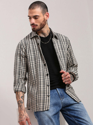 SHOWOFFFF Men Checkered Casual Cream Shirt