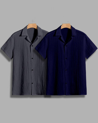 House of Vinay Men Self Design Casual Grey, Dark Blue Shirt(Pack of 2)