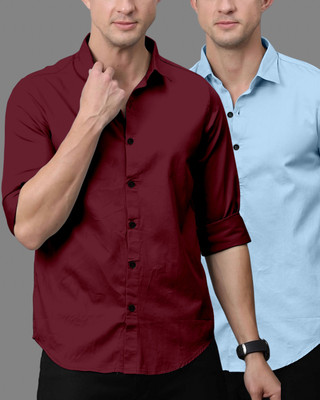 OXXOM Men Solid Casual Maroon, Light Blue Shirt(Pack of 2)