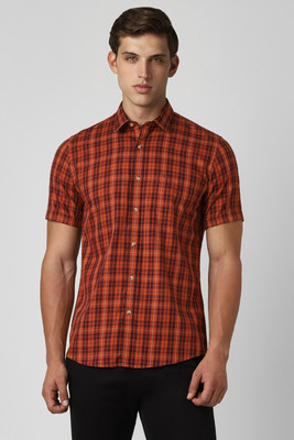 PETER ENGLAND Men Checkered Casual Orange Shirt