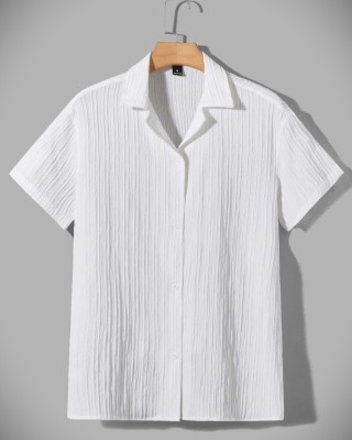 AMORE FASHION Men Solid, Self Design, Striped Casual White Shirt