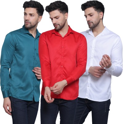 FILNECH Men Solid Casual Dark Blue, Red, White Shirt(Pack of 3)