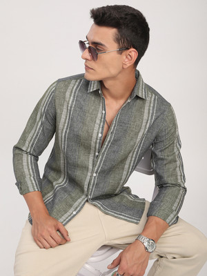 VASTRADO Men Striped Casual Dark Green Shirt