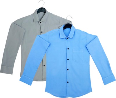 shloky Boys Solid Casual Grey, Light Blue Shirt(Pack of 2)