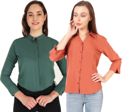 Miranga Women Solid Casual Orange, Dark Green Shirt(Pack of 2)