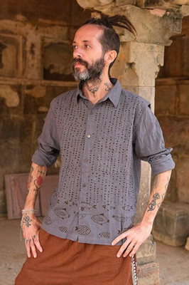 CRYSTALHEAL Men Self Design Casual Grey Shirt