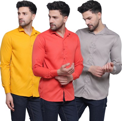 FILNECH Men Solid Casual Grey, Yellow, Red Shirt(Pack of 3)