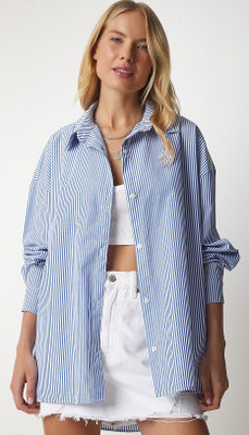 BNS Women Striped Casual Blue Shirt