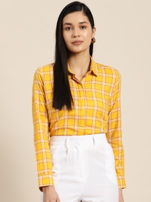 Hancock Women Checkered Casual White, Yellow, Pink Shirt