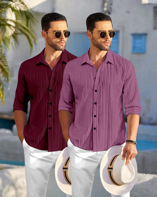 HEMAS LIFESTYLE Men Self Design, Striped Casual Maroon, Pink Shirt(Pack of 2)