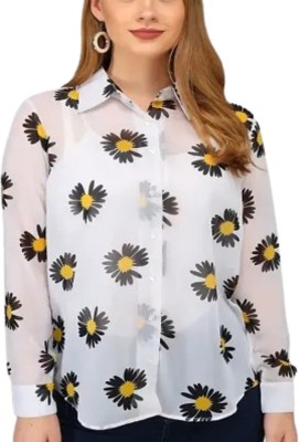 UUNDA Fashion Women Floral Print Formal White, Black Shirt