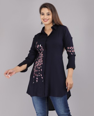 Aashee Women Embroidered Casual Dark Blue Shirt