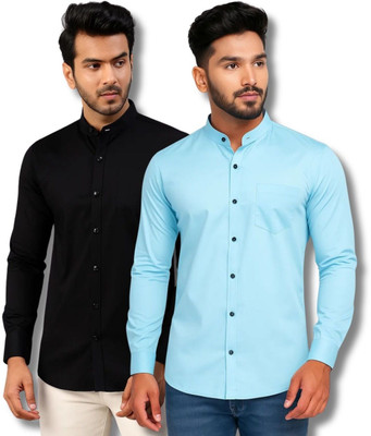 CROWNTAIL Men Solid Casual Black, Light Blue Shirt(Pack of 2)