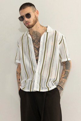 Braxumber Men Striped Casual White, Green Shirt