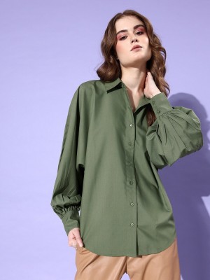 Style Quotient Women Solid Casual Dark Green Shirt