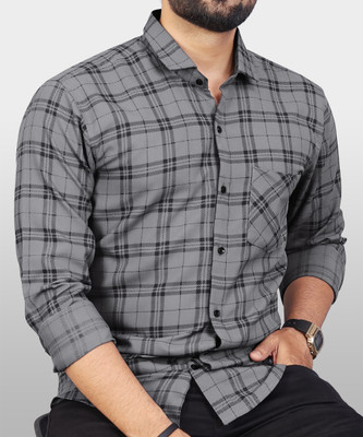 VeBNoR Men Checkered Casual Grey Shirt