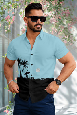 ZEKU Men Printed Casual Light Blue, Black Shirt