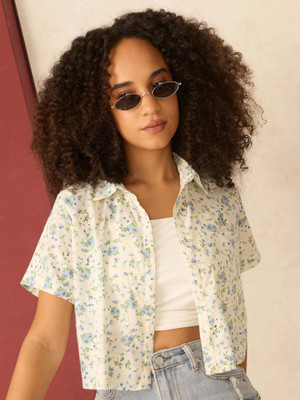 OUTZIDR Women Printed Casual White Shirt