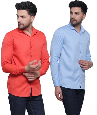 FILNECH Men Solid Casual Orange, Light Blue Shirt(Pack of 2)