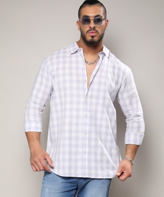 Instafab Plus Men Checkered Casual White, Purple Shirt