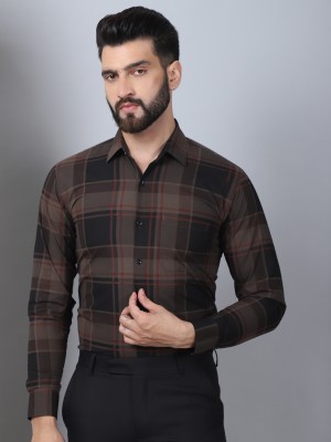 Indian Needle Men Checkered Formal Brown Shirt