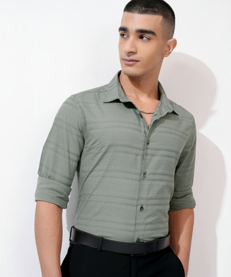 HIGHLANDER Men Striped Casual Green Shirt