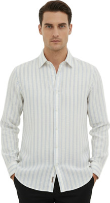 Sylora Men Striped Casual Gold, White Shirt