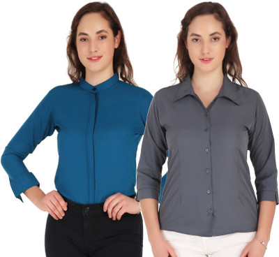HEAVENS CREATIONS Women Solid Formal Dark Blue, Grey Shirt(Pack of 2)