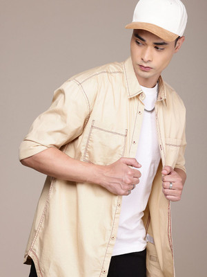 Roadster Men Solid Casual Beige Shirt