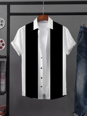 QUQZAKA Men Self Design Casual Black, White Shirt