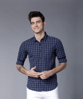 HIGHLANDER Men Checkered Casual Dark Blue, White Shirt