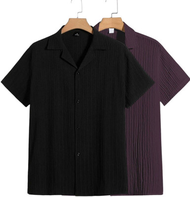 METRONAUT Men Self Design Casual Black, Maroon Shirt(Pack of 2)