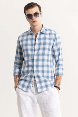 Snitch Men Checkered Casual Light Blue, White Shirt