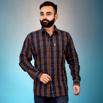 V K Creation Men Checkered Casual Brown Shirt